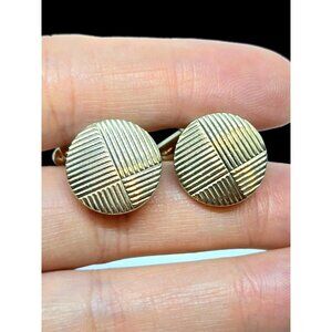 Vintage Gold-Tone Round Cufflinks With Textured Geometric Pattern Men's Gift